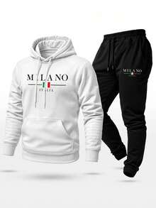 Unisex Sweatshirt Set With Milano Italy Print, Pants And Hooded Top With  Pocket - 白色 - 查看 1