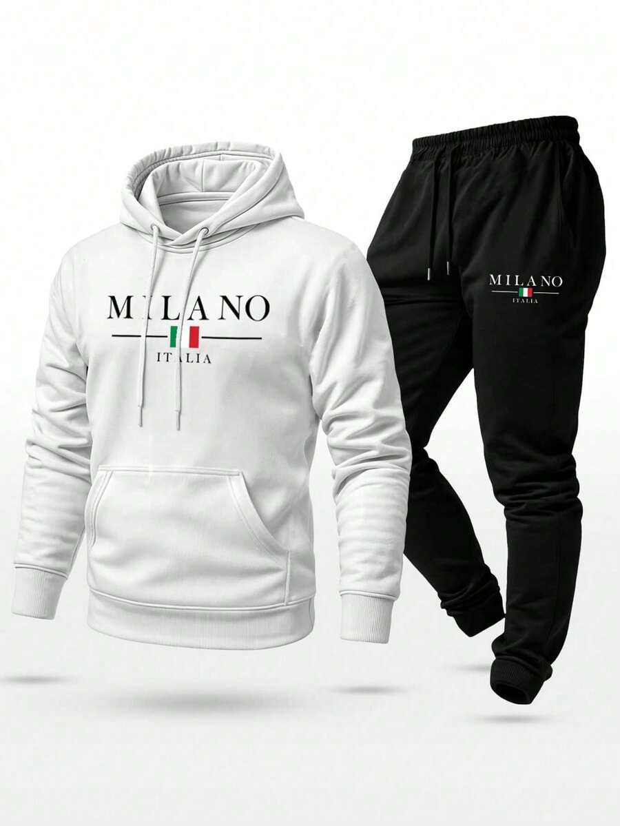 Unisex Sweatshirt Set With Milano Italy Print, Pants And Hooded Top With Pocket - 白色 - 查看 1