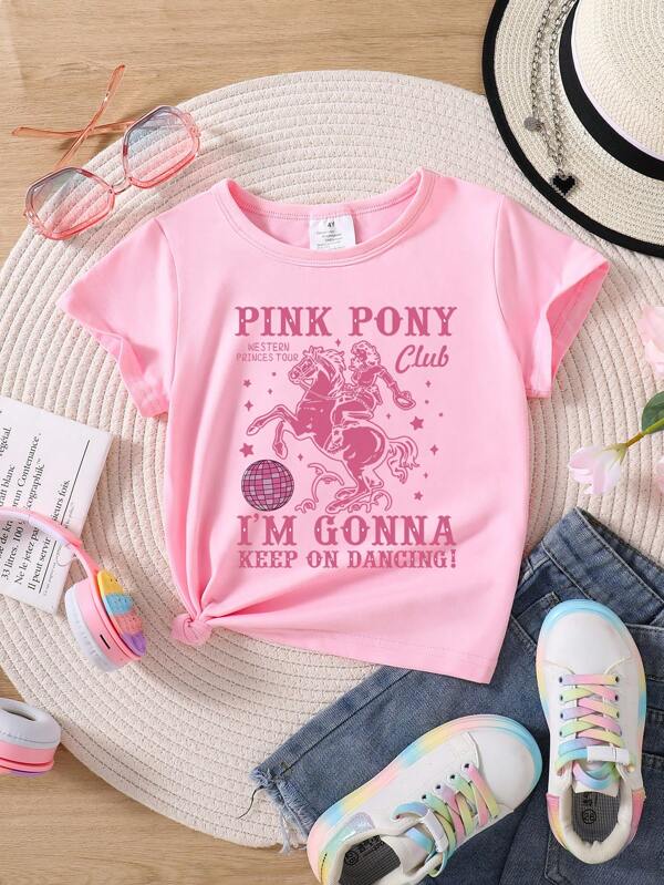Young Girl Star & Letter Graphic Print Round Neck Short Sleeve T-Shirt, Fashionable Summer