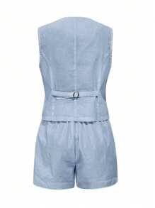 Conjunto de chaqueta y pantalones cortos de lino sin mangas informal/de verano para mujer