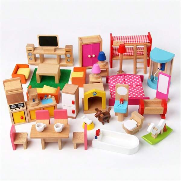 1 Set de Muebles de Juguete de Madera en Miniatura para Dormitorio, Cocina, Sala de Estar y Baño para Niños