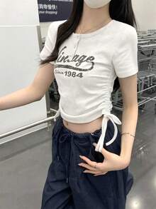 夏季韩版修身字母印花抽绳纽扣设计短袖T恤 休闲白色 - 白色 - 查看 3