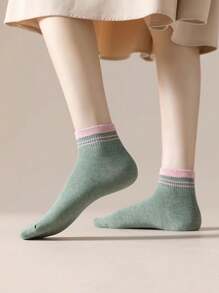 1 Paar/5 Paar Damen Olive Grün gestreifte Muster bequeme, lässige, weiche, leichte Knöchelsocken, vielseitig für den Sommer