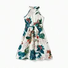 Family Matching Allover Plant Floral Print Halterneck Dresses And Short-Sleeve Shirts Sets