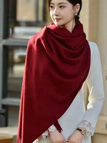 Stylish Casual Winter Scarf 230g With Fringes - 酒紅色 - 查看 2