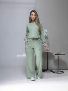Sweatshirt Set Long Sleeve Blouse And Pants C3028 - verde menta - Ver 3