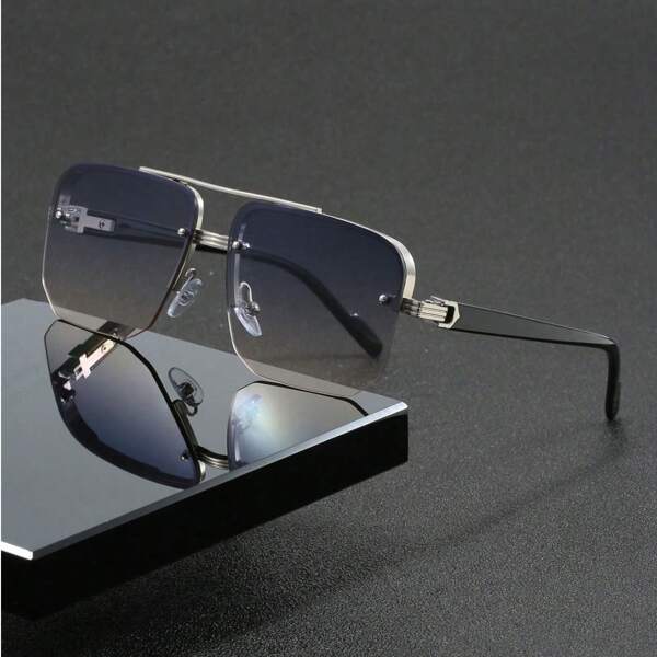 1 Pair Men's Square Double-Bridge Metal Frame Aviator Sunglasses, Stylish UV400 Protection, Suitable For Everyday Wear, Travel, Vacation