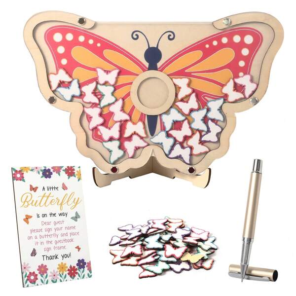 Baby Wooden Blessing Decorative Message Board DIY Creative Guest Book, With Frame, Ultrasonic Frame, Memento, Pen, Stand, 30pcs Colored Wooden Pieces (Dinosaur/Butterfly), Kid's Photo Frame Memorabilia, Wooden Birthday Party Frame, Suitable For Birthday Gatherings, Baby Shower Decor Sign-In, Shower Decor Guest Book