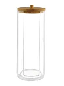 1 pieza Soporte acrílico para hisopos con tapa de bambú, dispensador pequeño transparente para hisopos, soporte plástico para palillos para los oídos, recipiente de almacenamiento para mondadientes, organizador decorativo de encimera para baño