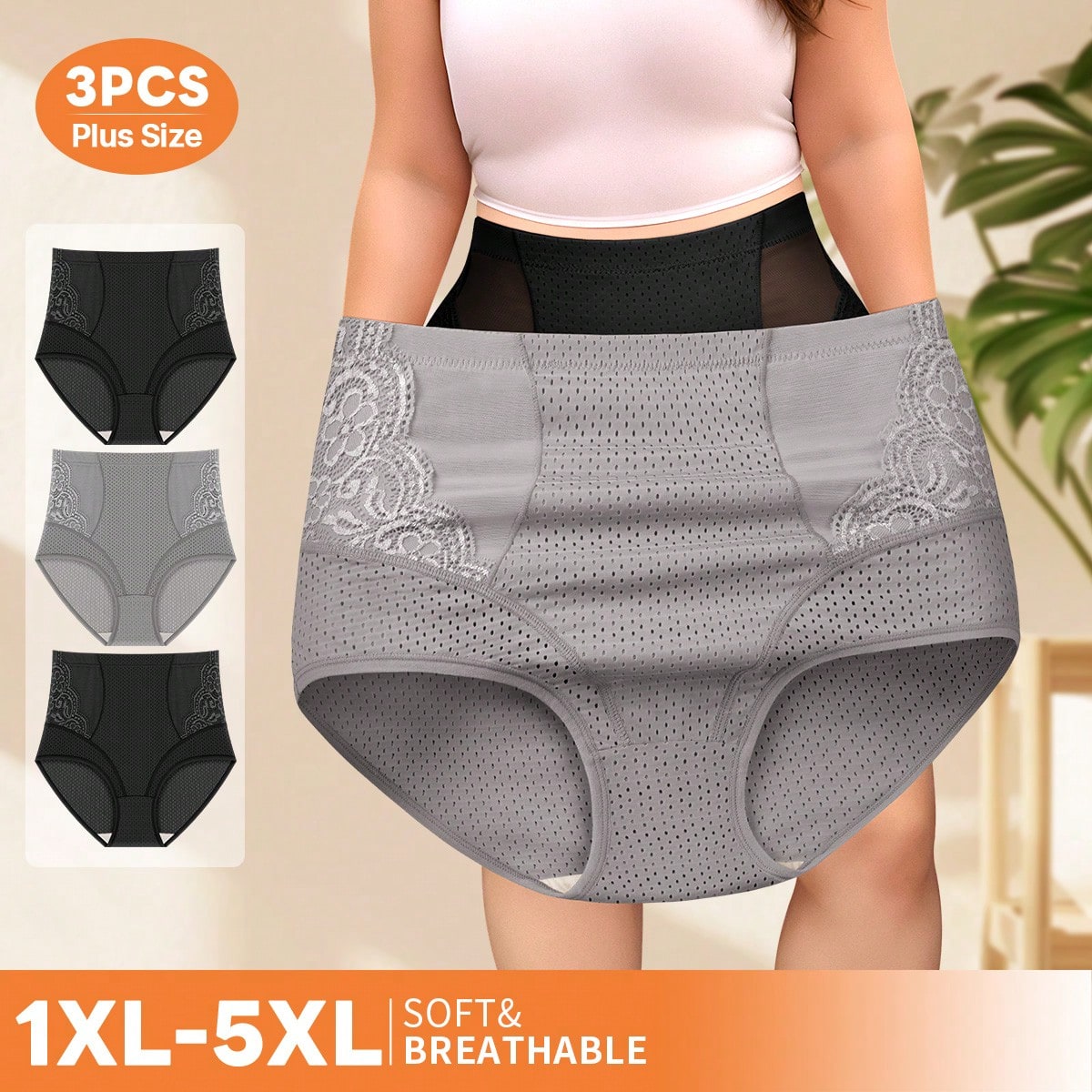 Set de 3 bragas de talla grande para mujer con cintura alta, encaje y malla transpirable