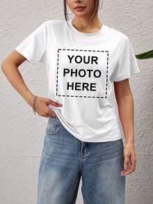 Customizable Personalized Ladies T-Shirt - Add Your Own Photo/Text (Family Photo/Selfie/Statement/Journal), Design Your Own Custom Printed T-Shirt, Fashionable, Hip-Hop, Unique Women's Tee, Can Be Used As A Gift For Your Own Girlfriends, Family Members, Friends, Kids, Etc., Feel Free To Play With Your Design. - White - View 5