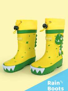 Botas de chuva impermeáveis com desenho de dinossauro para crianças pequenas - Sapatos de borracha macios e duráveis com design de calçar para todas as estações - Amarelo - Ver 2
