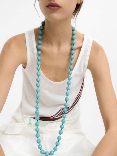 1pc Bohemian Style Round Geometric Plastic Acrylic Beaded Rope Knotted Long Necklace, Versatile Double-Layer Necklace, Ideal Gift