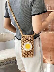 Korean Fashion Crossbody Bag, Mini Flower Decoration Straw Bag Wallet Shoulder Bag Mobile Phone Case Crossbody Bag Mobile Phone Bag, Clutch Mobile Phone Case Bag, Lightweight Modern Business Credit Card Id Card Cash Mobile Phone Wallet, Business Casual Teacher's Day Teacher Gift, Suitable For Work, Commuting, Travel, Holiday Vacation, Anniversary Birthday Valentine's Day Gift, Women's Gift