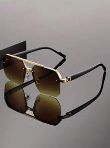 1 Pair Men's Square Double Bridge Aviator Sunglasses, High-Quality Metal Frame Design, Cool & Fashionable, Suitable For Daily, Vacation And Travel Use