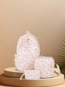 尼龙蝴蝶结印花背包套装，可折叠多口袋大容量防水拉链背包，适合高中生、大学生、女士、日常使用、通勤、旅行、情人节礼物