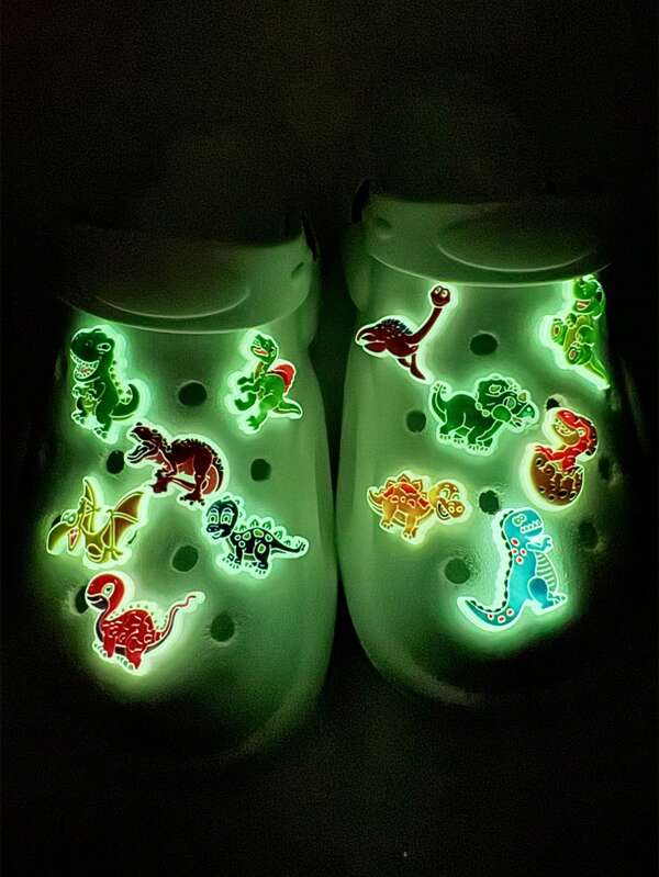 12pcs Fluorescent Cartoon Dinosaur Decorations, Suitable For Shoes