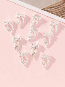 10pcs 0.9*1.5cm Silver Base Metal & Rhinestones Bowknot Nail Art Decoration