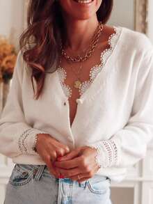 Women's V-Neck Long Sleeve Pullover Sweater, Delicate Contrast Lace And Button Front, Regular Length, Elegant Minimalist Casual Style, Suitable For Daily Wear, Autumn/Winter Knitwear - White - View 4