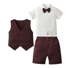 3 pezzi Set abbigliamento per ragazzi giovani, inclusi camicia con papillon, gilet e pantaloncini con bretelle regolabili, adatto per occasioni, feste, eventi formali, matrimoni, battesimi, cerimonie, rientro a scuola, compleanni, per neonati da 1 mese a 2 anni e bambini piccoli da 3 a 7 anni