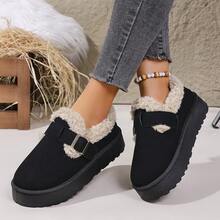 女式毛茸茸一脚蹬雪地靴，厚底，厚底，保暖衬里，封闭式鞋头，2025 年冬季新品 - 黑色 - 查看 5