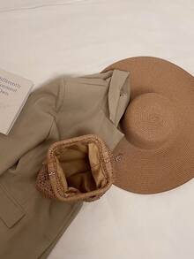 时尚编织草编手提包，优雅适合度假旅行，别致的顶部提手手提包，卡其色，轻便拉链袋 - 卡其色 - 查看 8