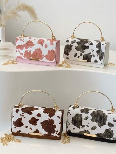 1 قطعة حقيبة يد نسائية ناعمة مطرزة بنمط البقرة ذات لون متباين، مناسبة للخروجات والتصوير والسفر والزيارات، حقيبة محمولة وعلى الكتف