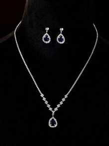 2 Pcs Set Blue Crystal Stone Denpent Necklace Bracelet With Dazzling Cubic Zirconia Romantic Daily Wear Jewelry Girl Gift