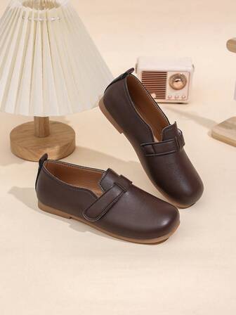 1 Pair Kids Adjustable Strap PU Flat Shoes, Round Toe TPR Non-Slip Casual Comfortable Slip-On Loafers, Suitable For 5-14 Years Old Girls & Boys, 4 Seasons School, Uniform, Performance