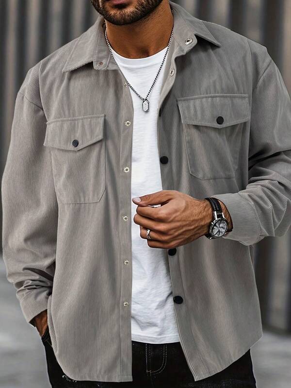 Men's Casual Solid Color Shacket, Suitable For Summer