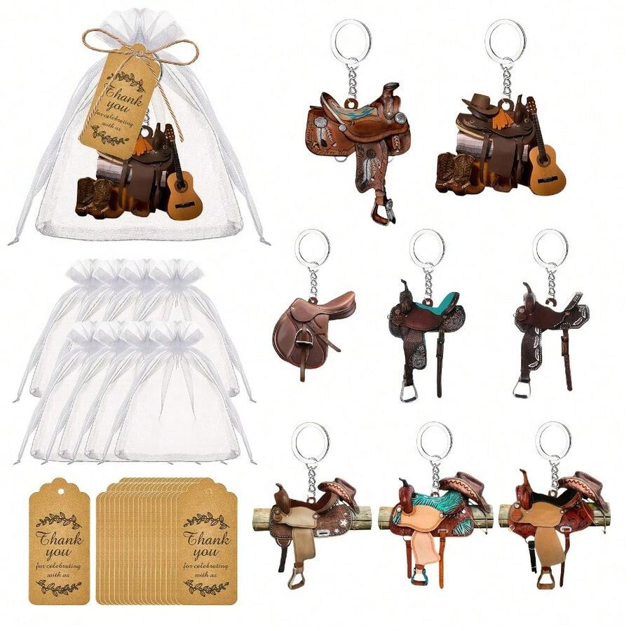 8 套 - 24 个西部牛仔主题派对套装，西部马鞍钥匙扣，8 个西部汽车内饰钥匙扣，个性化马术爱好者礼物，8 张感谢卡，以及 8 个西部主题派对礼品袋，可作为送给朋友的礼物。汽车配件、包包挂饰、背包、学校圣诞礼物创意、带证件夹的挂绳、汽车配件、包包挂饰、汽车配件、老师、姐妹的礼物 - 多色 - 查看 1