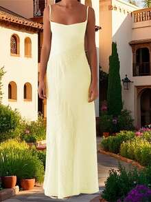 Women Long Dress Lace Patchwork Sleeveless Cami Dress Summer Tie-Up Backless Spaghetti Strap Dress - Màu vàng - Xem 2