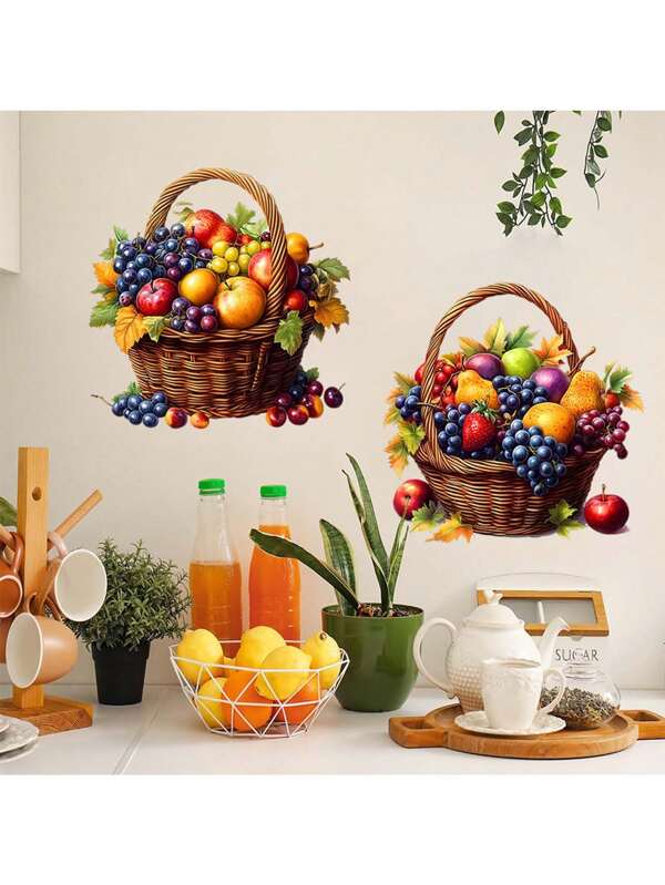 Kitchen Stickers/Decorative Stickers Abundant Fruit Basket Stickers Waterproof And Dustproof Stickers, 1 Piece Pvc Material Removable Wear-Resistant Stickers, Wall Stickers 23.6*11.8 Inches, Suitable For Kitchen Decoration, Wall Decoration, Restaurant Decoration, Interesting Birthday Gifts, Graduation Gifts, Make Your Home A New Look