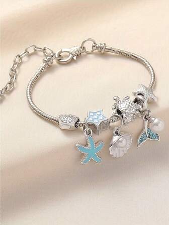 1pc Marine Style DIY Handmade Beaded Sea Turtle, Seashell, Starfish Jewelry Bracelet, Mermaid Tail Adjustable Copper Bangle, Suitable For Women, Ocean Beach Party Casual Wear