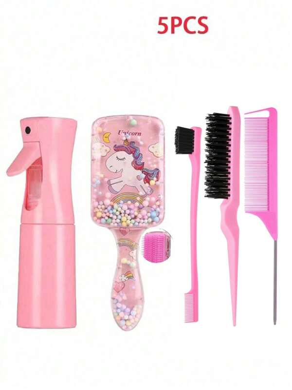 5pcs/Square Transparent Cartoon Children's Comb, Smooth Comb, Home Hairdressing Comb, Scalp Massage Comb, Bubble Ball Plastic Comb, Hairdressing Tip Tail Comb, Three Rows Comb, Double Headed Comb Design, Brush, Eyebrow Pen, Makeup Disc Hair Cover (6.8 Oz/200ml) Continuous Fine Mist Spray Bottle ,Hair Accessoires, Hair Accessories, Claw Clips