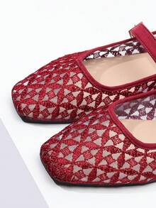 ADAMUMU Women's Fashion Square Toe Casual Party Office Buckle Breathable Woven Hollow Mesh Comfortable Slip-On Flat Shoes, Wine Red - Burgundy - View 3