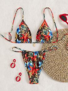 2 Pieces Women Tropical Floral & Leopard Print Tie Front Bikini Set, Vacation Casual Summer Swimwear