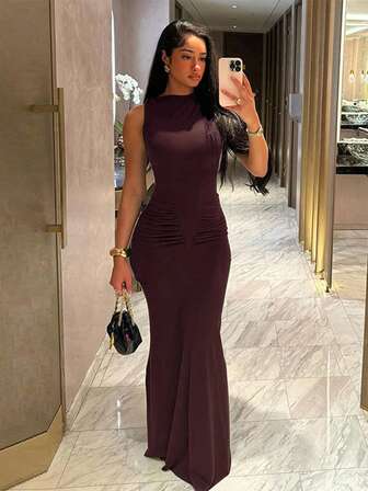 女士优雅高弹针织无袖圆领修身长裙