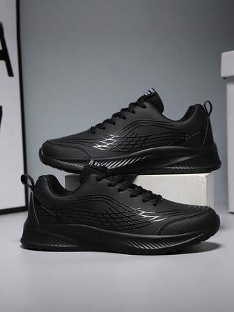 1 Pair Men's All Black Low-Top Lace-Up Casual Sneakers, Fashionable & Versatile For All Seasons, Outdoor Leisure Sports Shoes With Soft Sole, Lightweight & Shock-Absorbing Running Shoes (Run Small By 1 Size)