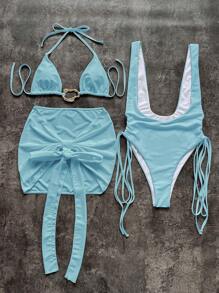 Women's Fashionable Solid Color Swimsuit Set, Summer