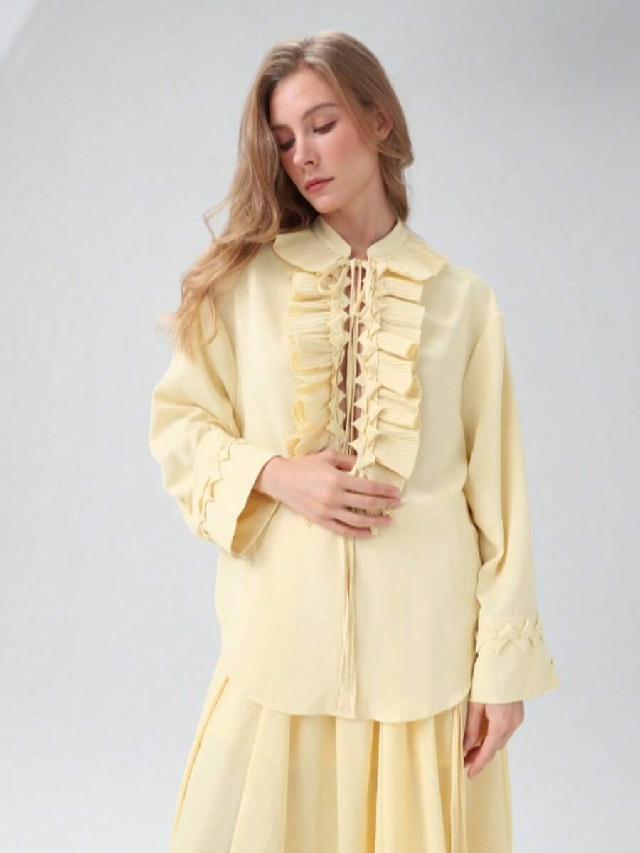 HZXVIC Women's New Autumn Deep V-Neck Top, French Design, Showcasing Fashionable Slim Charm Blouse - Yellow - View 1
