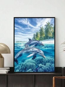 1套DIY海豚海灘場景5D鑽石畫套裝，含圓形亮面鑽石條與工具，鮮豔海洋主題畫布藝術品，適合初學者，完美適合作為臥室與客廳裝飾，無框，海豚裝飾 - 彩色 - 查看 13