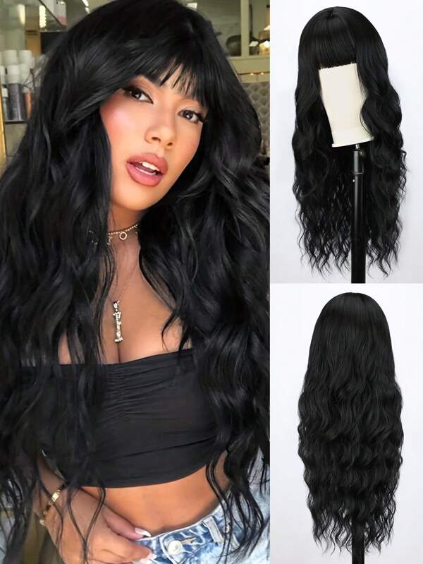 Black Wig With Bangs,For Women Long Wavy Wigs,Synthetic Heat Resistant Wigs,For Girls Daily Party Use.