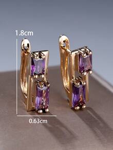 1 Pair Vintage Exquisite Asymmetric Square Cubic Zirconia Earrings, Gifts For Women, Dates, Parties, Birthdays, Holidays - Purple - View 4