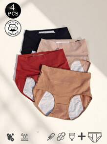 4 peças/pacote Calcinha Menstrual de Cintura Alta para Mulheres, Calcinha de Algodão com Entrepernas Extra Larga e Longa, Calcinha de Período de Cor Sólida, Tamanhos Plus Stretch XS-XXL