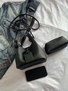 小眾設計休閒百搭極簡時尚PU紋理肩背斜背手提包水桶托特籃子包，優雅質感復古斜背包，女款戶外小托特包 - 黑色 - 查看 10