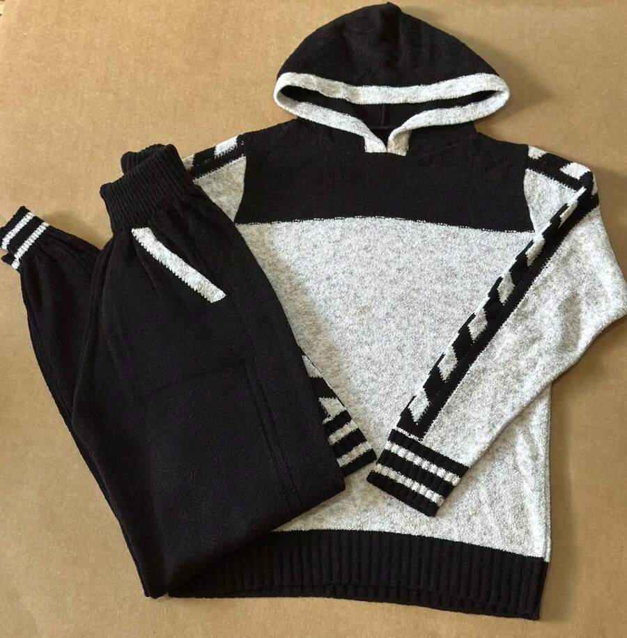 Women's Winter Mousse Set, Long Sleeve Premium Knitwear, Simple Casual Drawstring Beach, Braided Hooded Top And Pants - đen/hạt dẻ - Xem 1