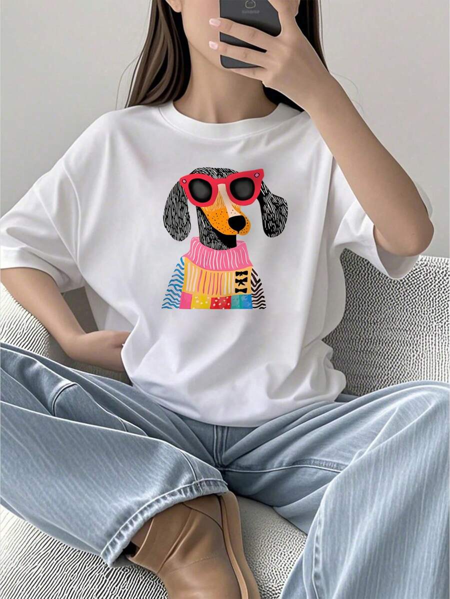 Girls Casual Printed White Crew Neck Short Sleeve T-Shirt Tops For Teens & Students, Summer