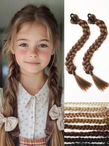 2 件长发辫子橡胶圈辫子发纤维合成假发适合儿童日常佩戴和角色扮演 - 自然黑 - 查看 9