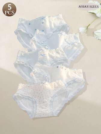 5 piezas de bragas para mujer con estilo romántico y pastoril, bragas francesas, ropa interior femenina con dulzura y encanto, de tejido de punto puro con lazo y cintura media